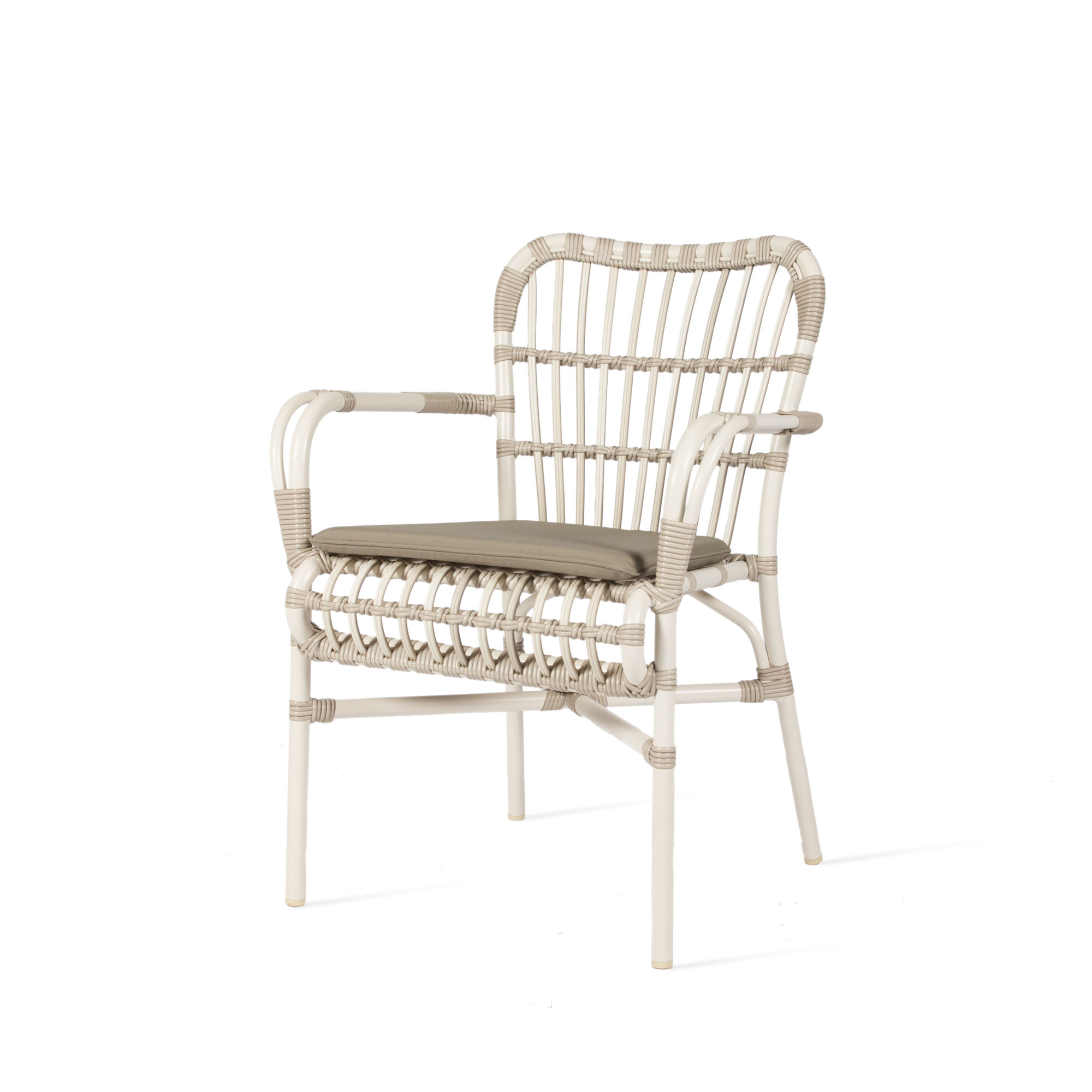 Indulge in the sophistication of outdoor dining with this elegant white Aluminium and weave armchair, featuring a plush taupe seat pad for added comfort.