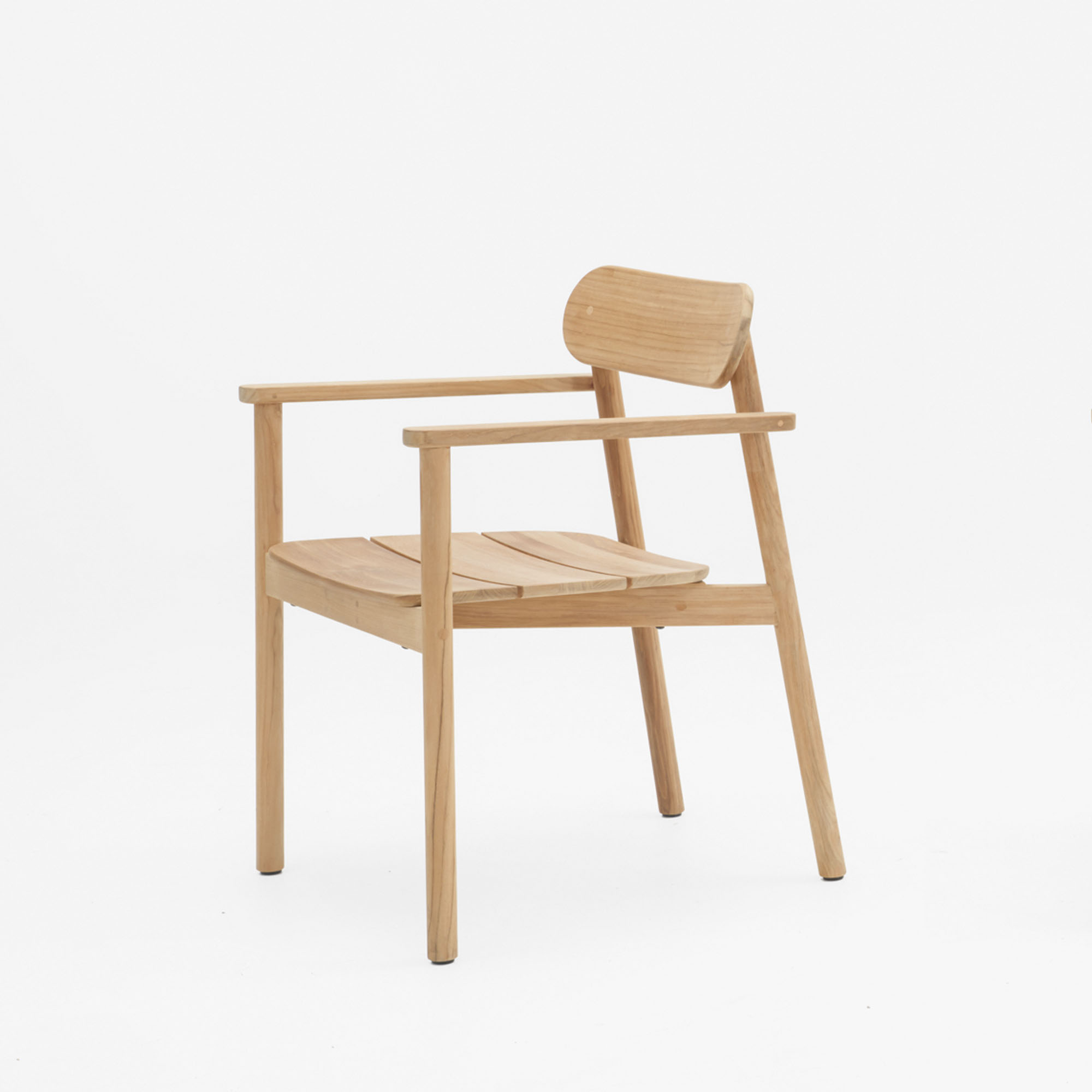 Minimalist wooden dining armchair with a clean, modern design, showcasing craftsmanship and natural warmth against a white background.